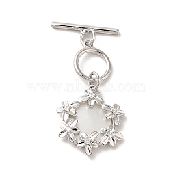 Brass Pave Clear Cubic Zirconia Toggle Clasps, with Natural Shell, Flower, Platinum, Pendant: 20x17.5x3.5mm, Hole: 1.2mm, Bar: 18x3.4x1.6mm, Hole: 0.9mm, Ring: 12x10x1.4mm, Hole: 1mm(KK-M243-09P-01)