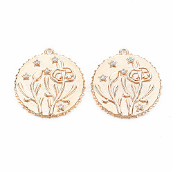 Brass Micro Pave Clear Cubic Zirconia Pendants, Birth Floral Charms, Nickel Free, Flat Round, Real 18K Gold Plated, Flower Pattern, 23x21x2mm, Hole: 1.5mm(KK-S364-189)