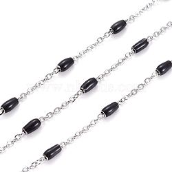 304 Stainless Steel Cable Chains, with Enamel Oval Beads, Soldered, with Spool, Flat Oval, Stainless Steel Color, Black, 5x2.5mm, Link: 2x1.6x0.3mm, about 32.8 Feet(10m)/roll(CHS-G006-P03)
