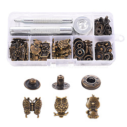 18 Sets Butterfly & Owl & Bear Brass Leather Snap Buttons Fastener Kits, Including 1 Set 45# Steel Hole Punch Tool, 1Pc 45# Steel Round Base, Antique Bronze(SNAP-YW0001-08AB)