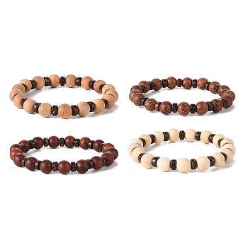 Wooden Beaded Bracelet Sets, Coconut Bead Stretch Bracelets for Women Men, Mixed Color, Inner Diameter: 2-1/8 inch(5.4cm), 4pcs/set