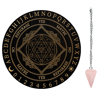 AHADEMAKER 1Pc Cone/Spike/Pendulum Natural Rose Quartz Stone Pendants, 1Pc 304 Stainless Steel Cable Chain Necklaces, 1Pc PVC Custom Pendulum Board, Dowsing Divination Board, Star of David Pattern, Board: 200x4mm