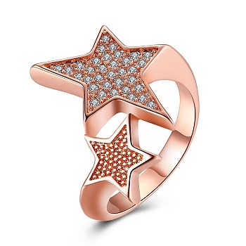 Trendy Brass Cubic Zirconia Finger Rings, Star, Rose Gold, US Size 6(16.5mm)