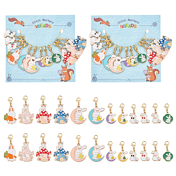 Alloy Enamel with Pearl Rabbit Pendant Stitch Markers, Crochet Lobster Clasp Charms, Locking Stitch Marker with Wine Glass Charm Ring, Mixed Color, 2.9~4.3cm, 12 style, 1pc/style, 12pcs/set, 2 sets/box