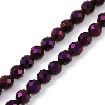 Electroplated Synthetic Non-magnetic Hematite Beads Strands, Faceted, Round, Purple Plated, 6x6x6mm, Hole: 1mm, about 66pcs/strand, 15.35''(39cm)