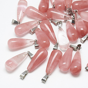 Cherry Quartz Glass Pendants, with Stainless Steel Snap On Bails, teardrop, 28~30x10~12mm, Hole: 6x4mm