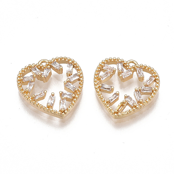 Brass Cubic Zirconia Charms, Nickel Free, Real 18K Gold Plated, Heart, Clear, 12.5x12x3mm, Hole: 1mm