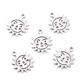 201 Stainless Steel Charms, Laser Cut, Manual Polishing, Sun with Face, Stainless Steel Color, 14x12x1mm, Hole: 1.4mm