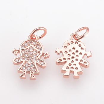 Brass Micro Pave Cubic Zirconia Charms, with Jump Ring, Girl, Rose Gold, 14x10x2mm, Hole: 3mm