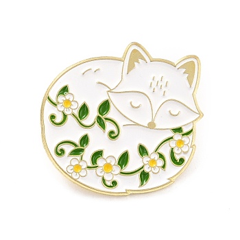 Fox with Flower Enamel Pin, Animal Alloy Enamel Brooch for Backpack Clothes, Golden, Green, 26x26x9.5mm, Pin: 1mm