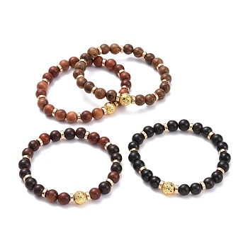 Round Natural Wood Beads Stretch Bracelet, Non-magnetic Synthetic Hematite & Natural Lava Rock Beads Essential Oil Diffuser Bracelet for Men Women, Mixed Color, Inner Diameter: 2 inch(5.2cm)