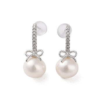 925 Sterling Silver Studs Earring, with Cubic Zirconia & Natural Pearl, Bowknot, Platinum, 20x8.5mm