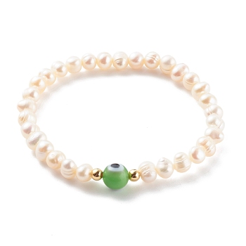 Natural Pearl Stretch Beaded Bracelets, with Round Evil Eye Lampwork Beads and Brass Beads, Real 18K Gold Plated, Lime, Inner Diameter: 2-1/8 inch(5.5cm)