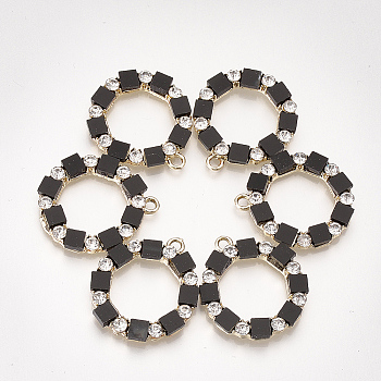 Alloy Rhinestone Pendants, with Acrylic, Ring, Light Gold, Black, 28x24x3mm, Hole: 2mm