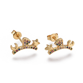 Brass Micro Pave Cubic Zirconia Stud Earrings, with Brass Ear Nuts, Heart with Star and Moon, Colorful, Golden, 7.5x14.5~15mm, Pin: 0.7mm