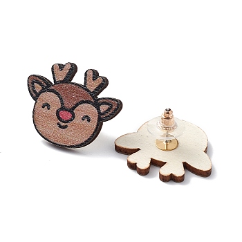 Christmas Printed Wooden Stud Earrings, with 316 Stainless Steel Pins for Women, Deer, 23x28mm, Pin: 0.7mm