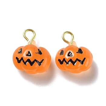 Halloween Pumpkin Opaque Resin Charms, with Light Gold Tone Metal Loops, Pumpkin Jack-O'-Lantern, Orange, 12x10x6mm, Hole: 1.8mm