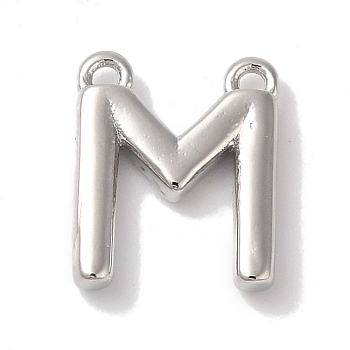 Rack Plating Brass Pendants, Long-Lasting Plated, Lead Free & Cadmium Free, Letter Charms, Platinum, Letter M, 11x9x2mm, Hole: 1mm