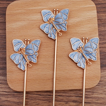 Iron Hair Stick Findings, with Alloy Cornflower Blue Enamel Findings, Double Butterfly, Light Gold, 120x2.5mm