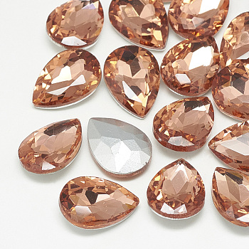 Pointed Back Glass Rhinestone Cabochons, Back Plated, Faceted, teardrop, Vintage Rose, 14x10x4.5mm