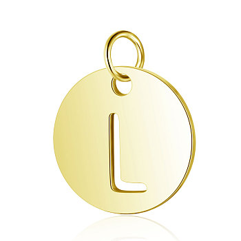 304 Stainless Steel Charms, Flat Round with Letter, Golden, Letter.L, 12x1mm, Hole: 2.5mm