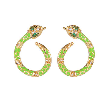 Cubic Zirconia Snake Stud Earrings with Enamel, Golden Plated Brass Jewelry for Women, Lawn Green, 20.5x17mm