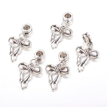 Alloy European Dangle Charms, Bowknot, Antique Silver, 34mm, Hole: 5mm