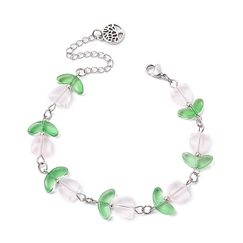 Glass Flower Beaded Bracelets, with 304 Stainless Steel Chains, Platinum, 7-3/4 inch(19.7cm)