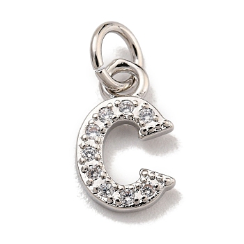 Initial Letter Brass with Cubic Zirconia Charms, Platinum, Long-Lasting Plated, Lead Free & Cadmium Free, Letter C, 11x6.5x1.5mm, ring: 5x1mm, inner diameter: 3mm