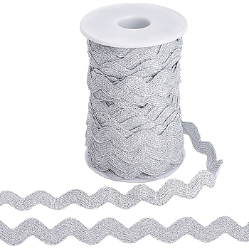 Polyester Wavy Fringe Trim, Wave Bending Lace Ribbon, for Clothes Sewing and Art Craft Decoration, Silver, 3/8 inch(10mm), about 25 yards