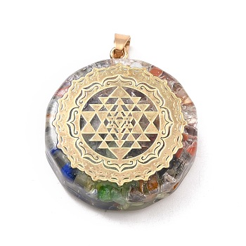 Transparent Resin Pendants, with Chip Gemstone Beads and Alloy Findings, Flat Round, Golden, 41x35x11.5mm, Hole: 7.5x4mm
