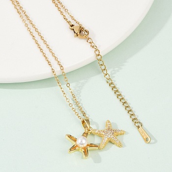 Starfish Brass Micro Pave Cubic Zirconia Pendant Neckalces for Women, with 304 Stainless Steel Chain and Plastic Imitation Pearl, Rack Plating, Ion Plating(IP), Real 18K Gold Plated, 15.87 inch(40.3cm)