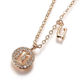 Brass Micro Pave Clear Cubic Zirconia Double Letter Pendant Necklaces, with Cable Chains, Letter.U, 14-3/4 inch(37.6cm)