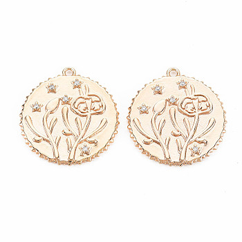 Brass Micro Pave Clear Cubic Zirconia Pendants, Birth Floral Charms, Nickel Free, Flat Round, Real 18K Gold Plated, Flower Pattern, 23x21x2mm, Hole: 1.5mm