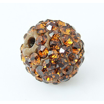 Pave Disco Ball Beads, Polymer Clay Rhinestone Beads, Grade A, Round, Smoked Topaz, PP14(2~2.1mm), 10mm, Hole: 1.0~1.2mm
