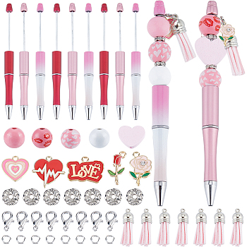 DIY Beadable Pen Making Kit for Valentine's Day, Including Wood Beads, Heart & Word Love & Rose Alloy Enamel & Faux Suede Tassel Pendant, Plastic Beadable Pens, Mixed Color, 145Pcs/bag