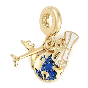 Rack Plating Brass Enamel European Dangle Charms, Plane & Earth & Scroll Large Hole Pendants, Real 18K Gold Plated, Long-Lasting Plated, Cadmium Free & Lead Free, Marine Blue, 25mm, Hole: 4.5mm