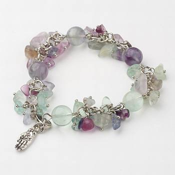 Gemstone Bracelets, with Natural Fluorite Bead, Gravel and Brass Hand, 7-3/4 inch(198mm)