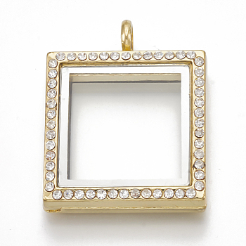 Alloy Magnetic Locket Pendants, with Rhinestone and Glass, Square, Crystal, Golden, 36x29x7mm, Hole: 5mm, Inner Measure: 21x21mm