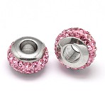 Rondelle 304 Stainless Steel Polymer Clay Rhinestone European Beads, with Double Side Platinum Color Core, Stainless Steel Color, Light Rose, 10x6mm, Hole: 4mm(GPDL-P003-12)