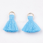 Polycotton(Polyester Cotton) Tassel Pendant Decorations, with Iron Findings, Light Gold, Light Sky Blue, 20~30x7~8mm, Hole: 5mm(X-FIND-S280-10)