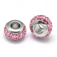 Rondelle 304 Stainless Steel Polymer Clay Rhinestone European Beads, with Double Side Platinum Color Core, Stainless Steel Color, Light Rose, 10x6mm, Hole: 4mm(GPDL-P003-12)