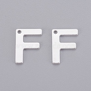 201 Stainless Steel Charms, Letter, Silver Color Plated, Letter.F, 11x7.5x0.7mm, Hole: 1mm(STAS-L232-007F)
