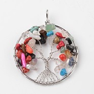 Tree of Life Mixed Stone Big Pendants, with Brass Findings, Platinum, 63~65x49~51x8~10mm, Hole: 8~10mm(G-L455-D04)