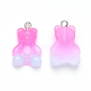 Gradient Color Opaque Resin Pendants, with Glitter Powder and Platinum Tone Iron Peg Bails, Bear, Deep Pink, 23.5x15x6.5mm, Hole: 1.8mm(RESI-R433-01A)