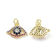 Brass Micro Pave Colorful Cubic Zirconia Charms, with Jump Ring, Eye Charm, Real 18K Gold Plated, 11.5x15x4mm, Hole: 3.2mm(KK-E068-VF083)