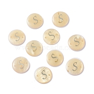 (Defective Closeout Sale: Yellowing), Freshwater Shell Links Connectors, with Platinum Brass Findings, Flat Round with Letter, Letter.S, 20x3mm, Hole: 1.4mm(SHEL-XCP0001-03D)