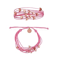 Multi String Cord Bracelet with Initial Letter A Charm, Moon and Star Adjustable Bracelet for Women, Pink, Inner Diameter: 1-3/4~3-1/4 inch(4.5~8.2cm)(BJEW-SW00042-01)