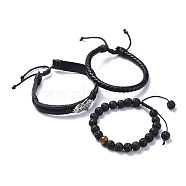 Adjustable Bracelets Sets, Stackable Bracelets, with Natural Lava Rock & Tiger Eye Beads, 201 Stainless Steel Hamsa Hand Links, Nylon Thread, Cowhide Leather Cord, Braided Leather Cord, Stainless Steel Color, 2 inch~3-3/8 inch(5.1~8.4cm), 6~10.5mm, 3pcs/set(BJEW-JB04468)