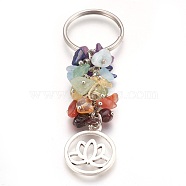Natural Gemstone Keychain, with Brass Findings, Flat Round with Lotus, 80mm, Pendant: 24x19.5x1.5mm(KEYC-JKC00163-01)